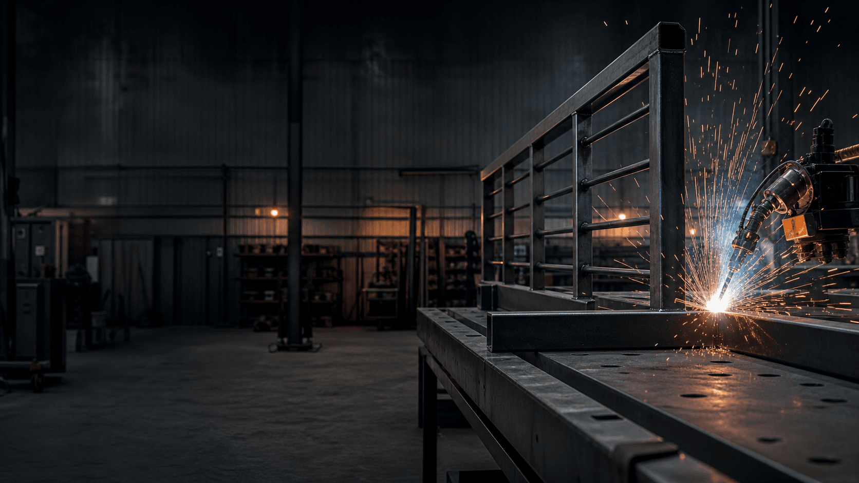 Welding sparks in a modern fabrication shop